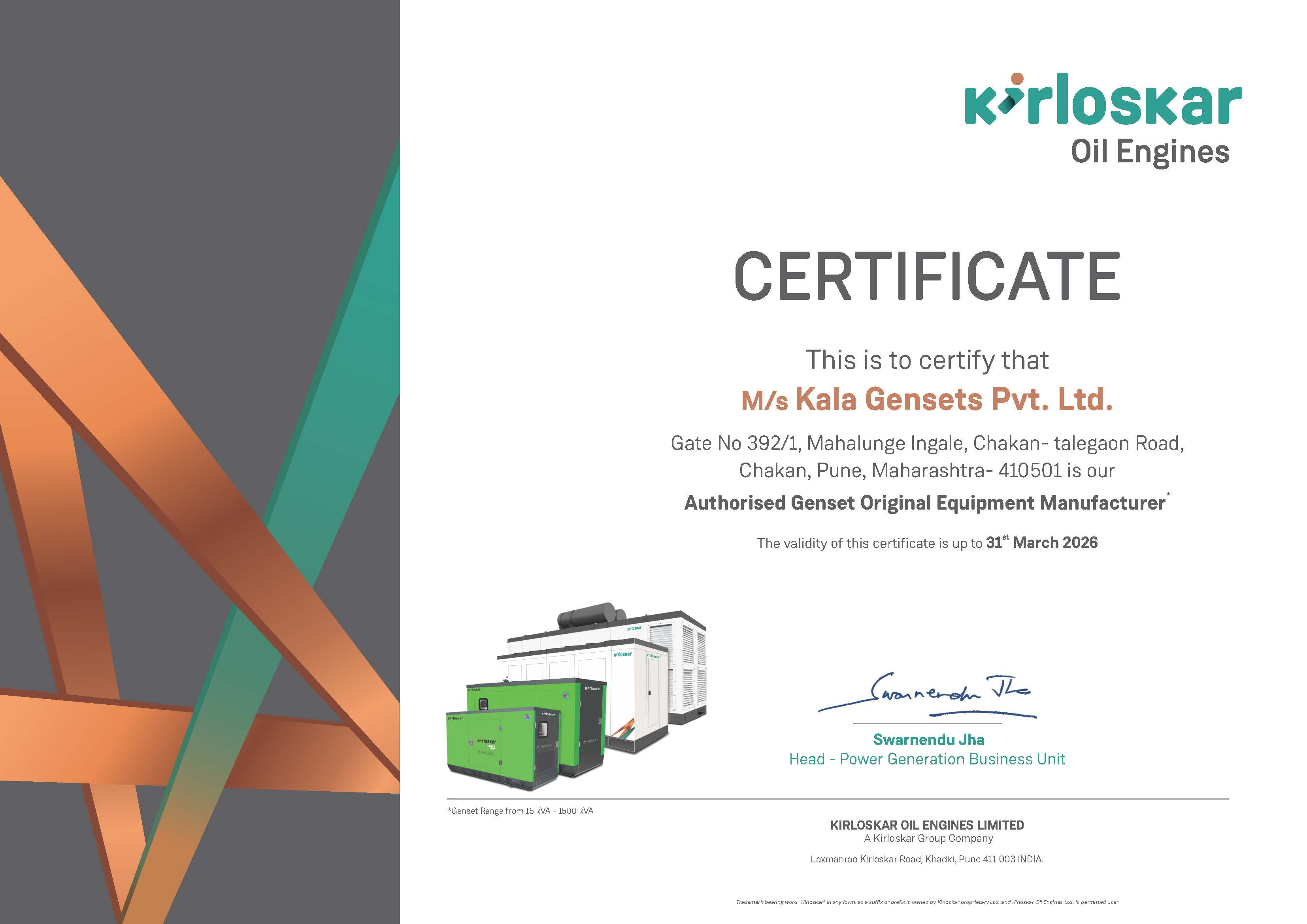 Kirloskar Oil Engines — Authorised Genset OEM certificate for Kala Gensets Pvt. Ltd.